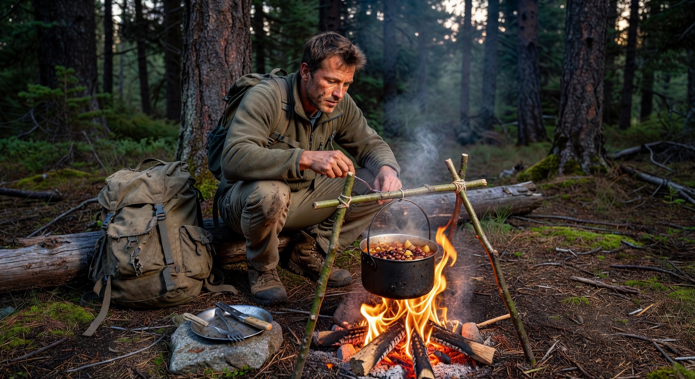 Solo cook at campfire in wilderness