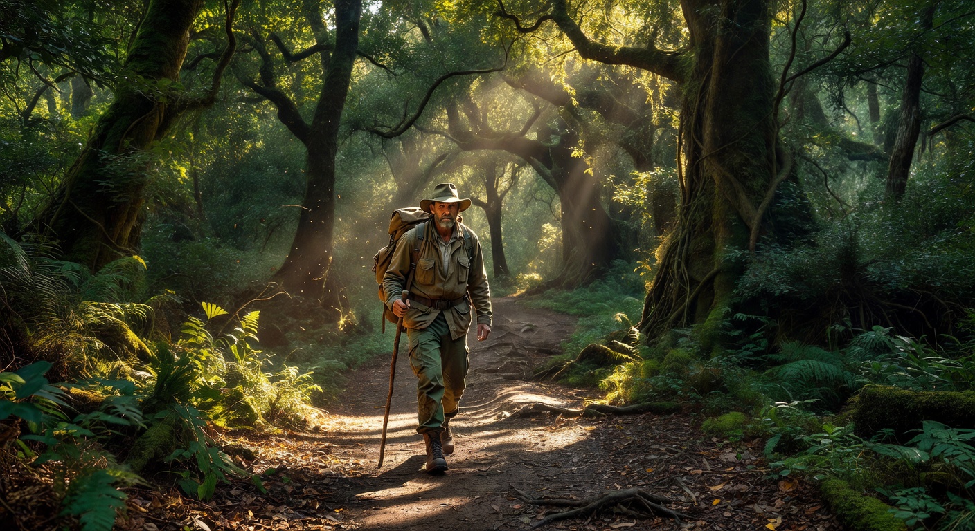 Solo walker on forest path
