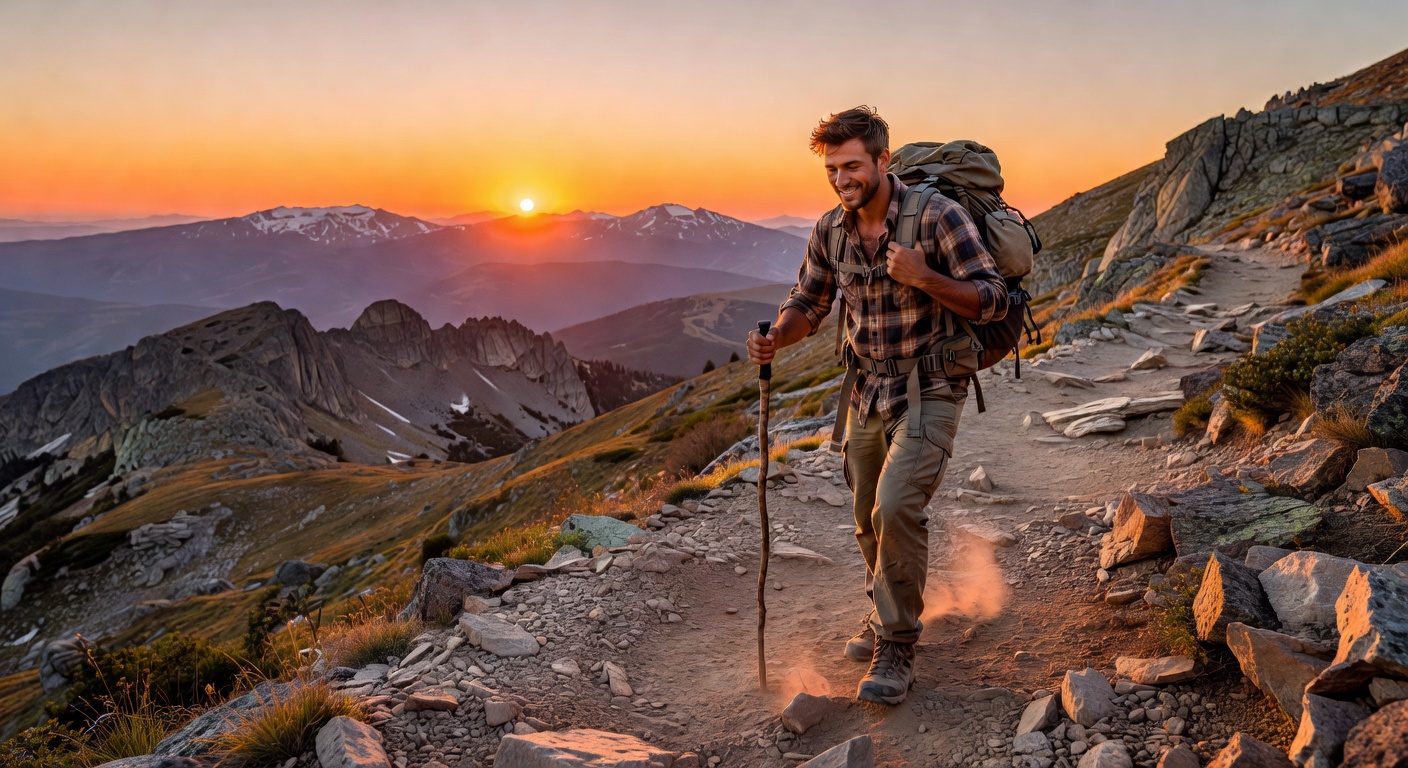 Solo hiker at mountain sunset