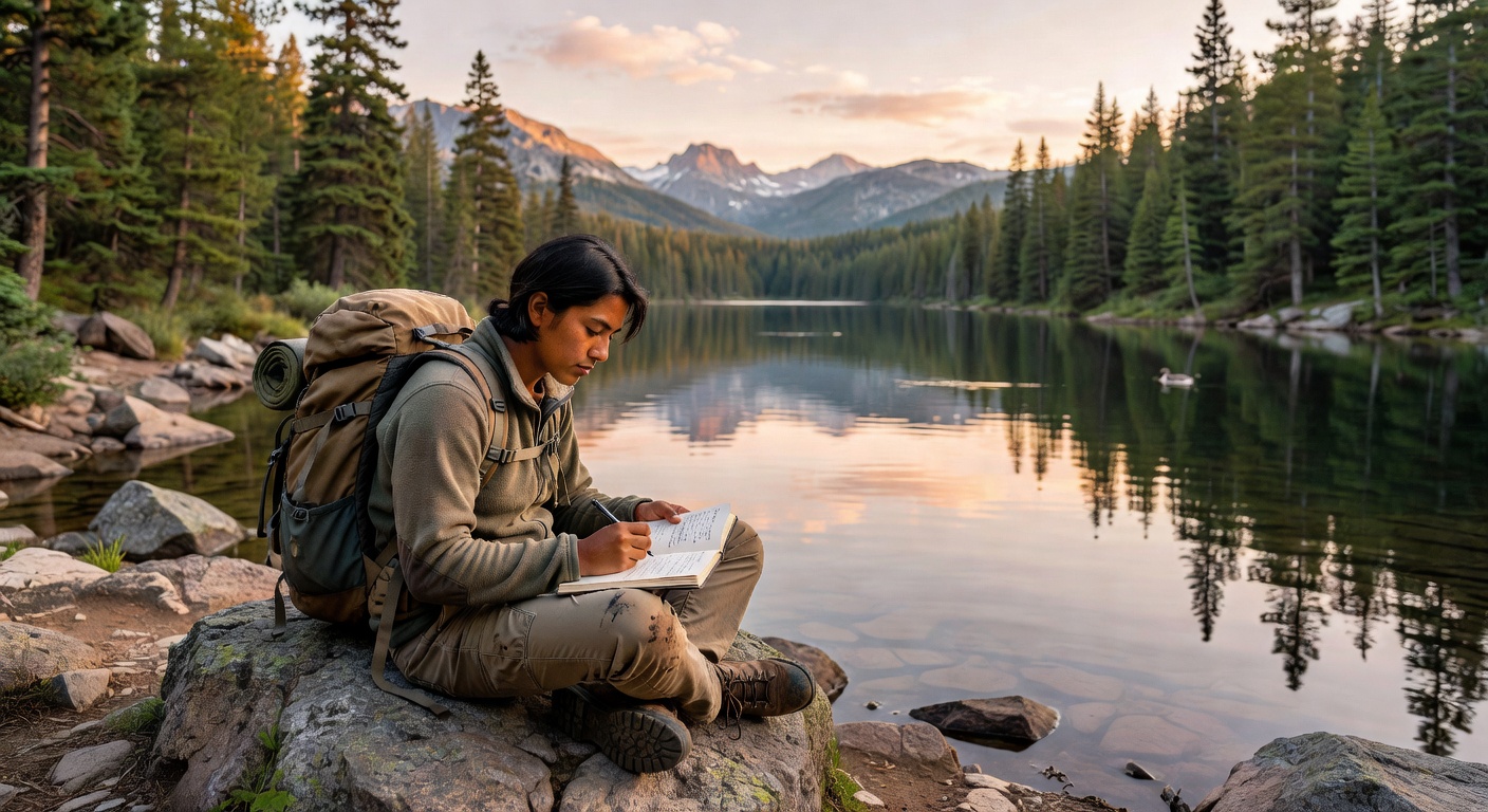 Solo journalist by serene lake