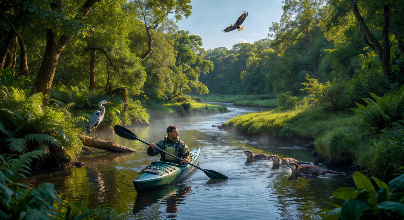 Solo kayaker on river greenery