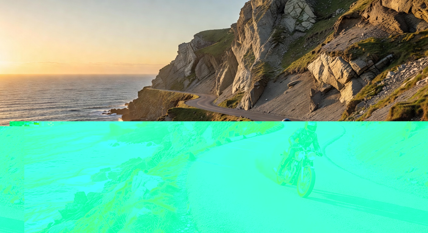 Solo motorcyclist on coastal road