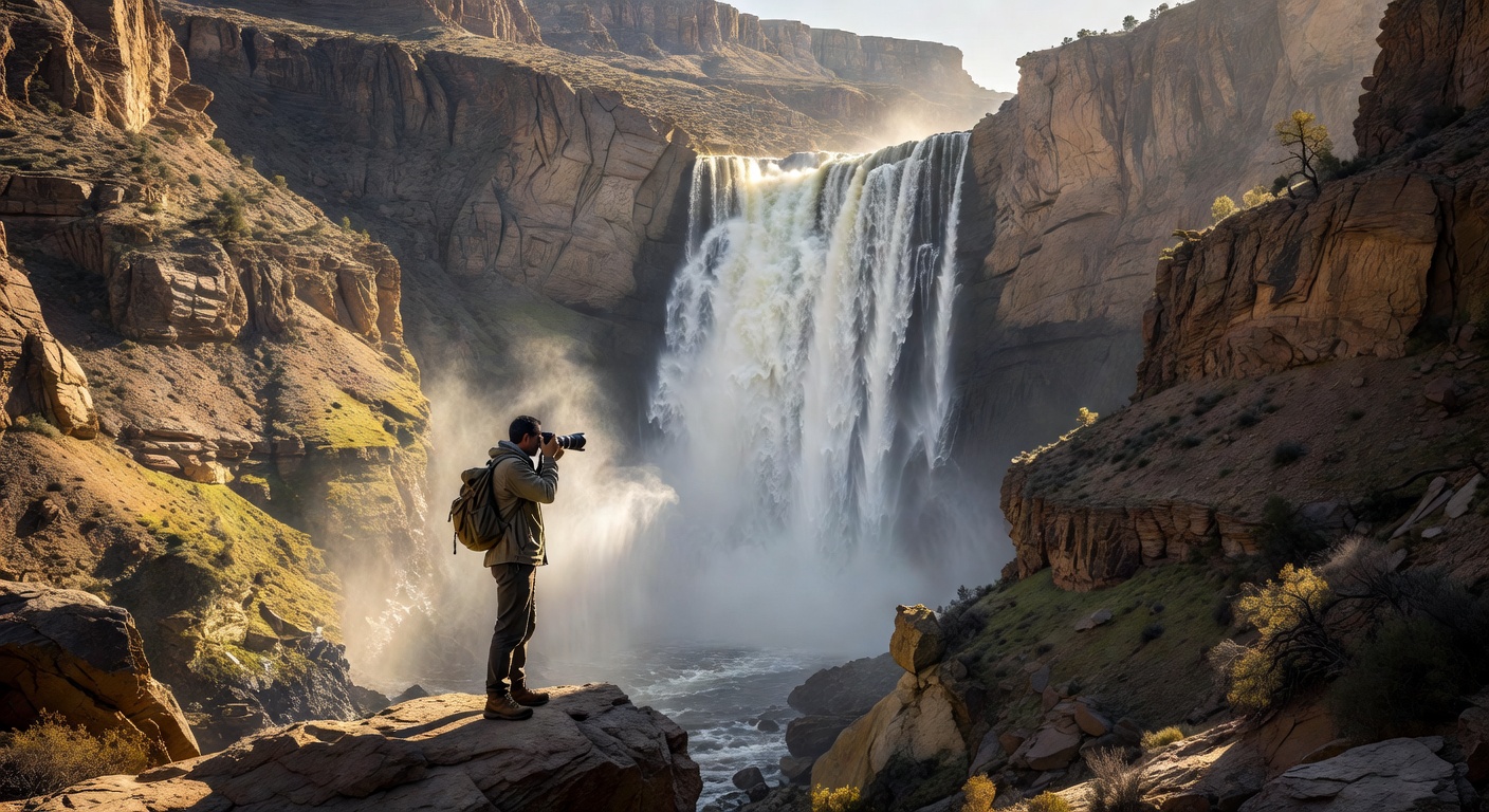 Solo photographer at waterfall canyon