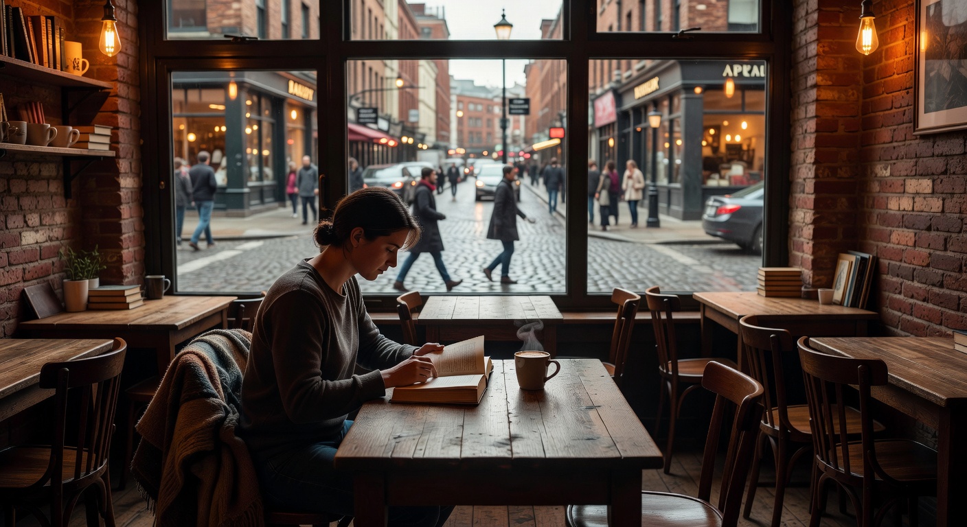 Solo reader at cafe window