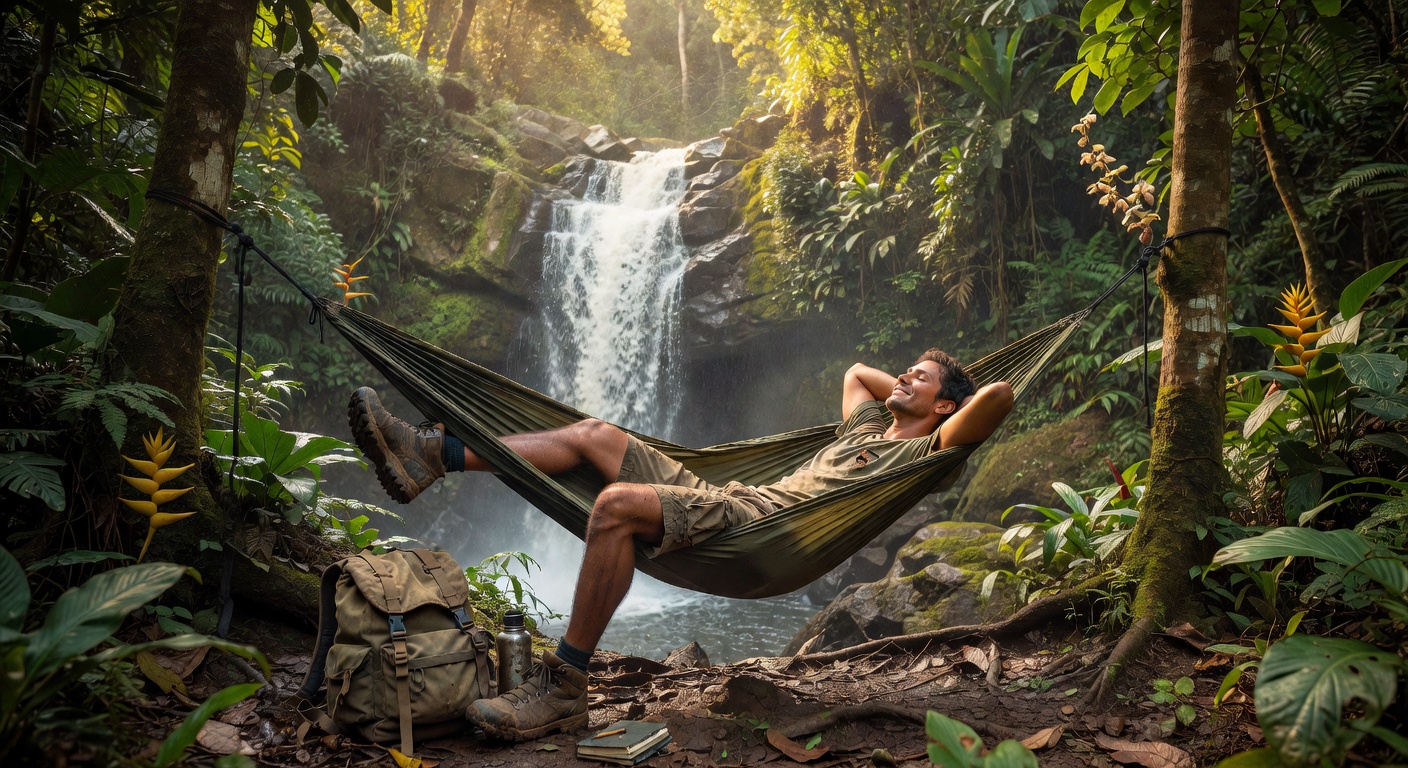 Solo traveler at tropical waterfall