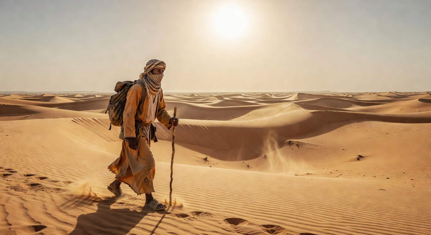 Solo trekker on desert dune